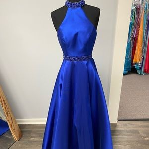 Alyce Paris Royal Blue Beaded Halter Prom Gown